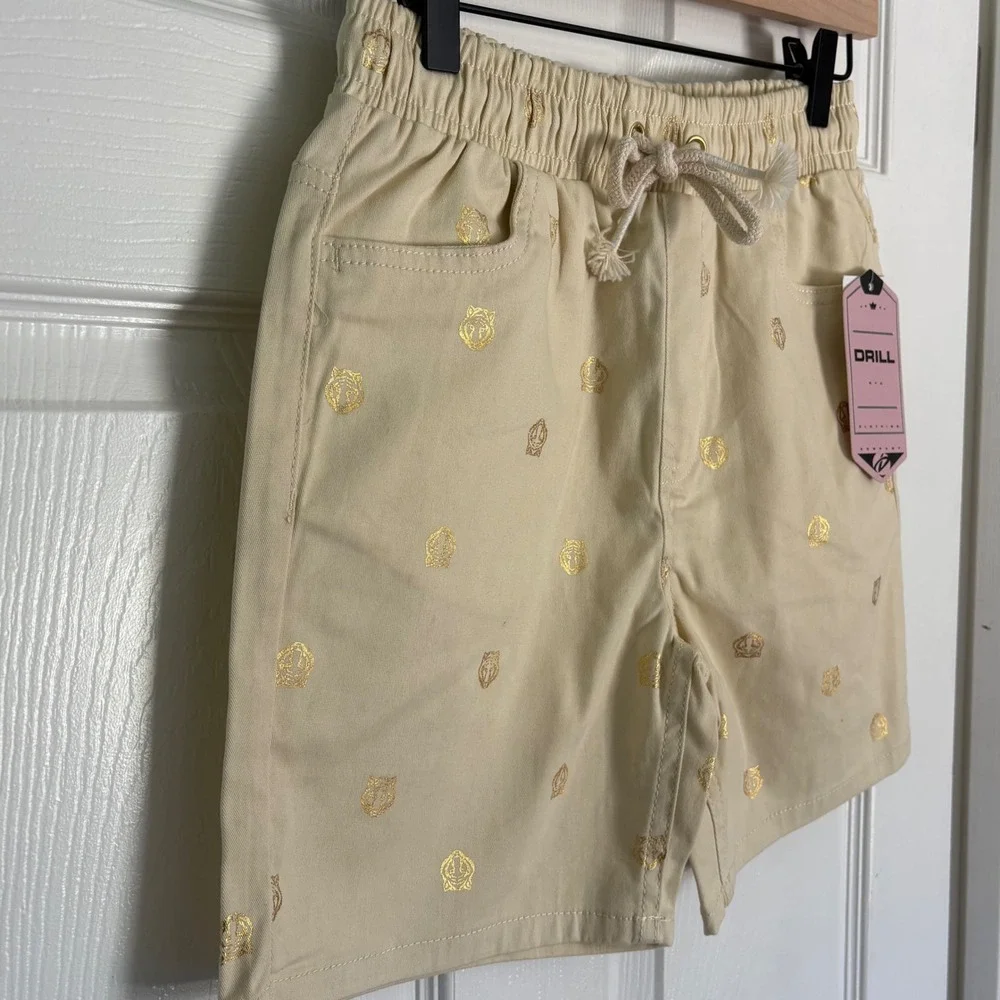 NEW Drill Clothing Co Shorts Sz S Cream Gold Tiger Crown‎ Metallic Detail